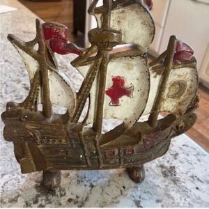 Vintage Cast Iron Spanish Galleon Sailing Pirate Ship 11" Tall Door Stop